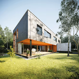 Bild Modernes zweistöckiges Haus mit grauer Fassade und großem Garten bei Sonnenschein.